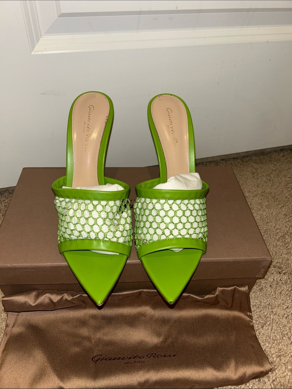 Gianvito Rossi Lime Green Mesh-Band Pointed Slide Heels